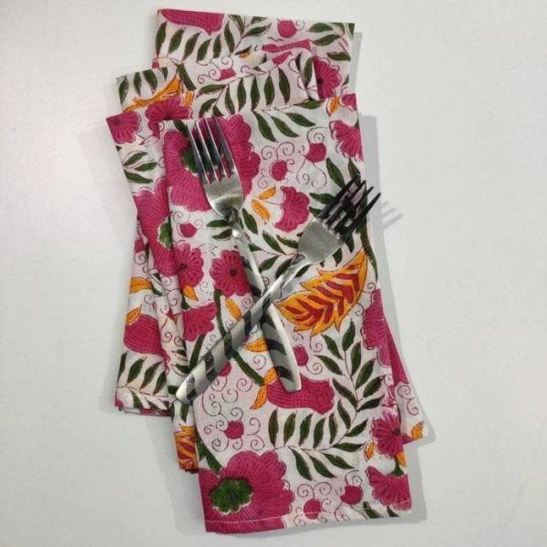 Table Linens | Colorful Spring Floral Block Printed Cotton Napkins Kitchen Table Linens