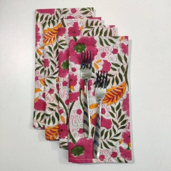 Table Linens | Colorful Spring Floral Block Printed Cotton Napkins Kitchen Table Linens