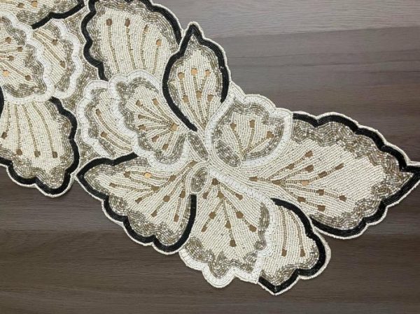 Table Linens | Cream Gold Floral Beaded Table Runner Kitchen Table Linens