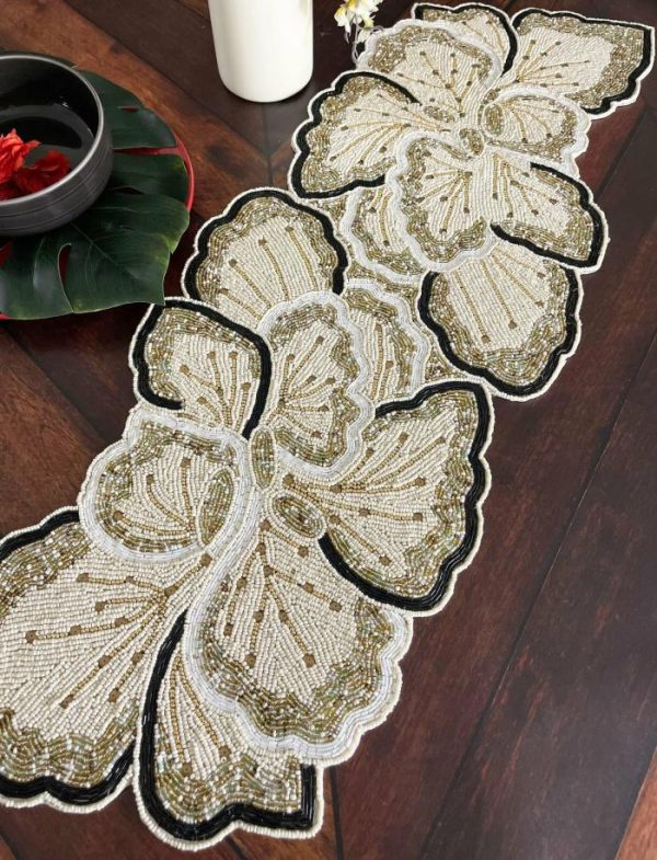 Table Linens | Cream Gold Floral Beaded Table Runner Kitchen Table Linens