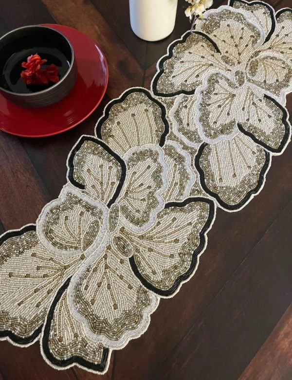 Table Linens | Cream Gold Floral Beaded Table Runner Kitchen Table Linens