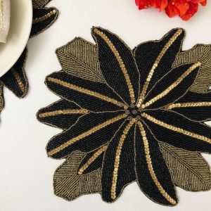 Table Linens | Exotic Flower Beaded Placemat, Gold/Black Kitchen Table Linens