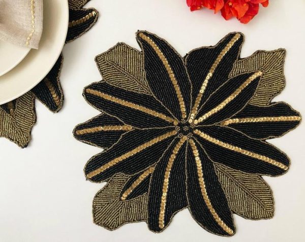 Table Linens | Exotic Flower Beaded Placemat, Gold/Black Kitchen Table Linens