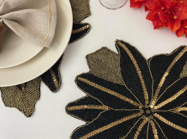 Table Linens | Exotic Flower Beaded Placemat, Gold/Black Kitchen Table Linens