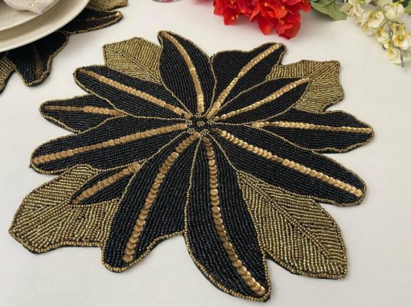 Table Linens | Exotic Flower Beaded Placemat, Gold/Black Kitchen Table Linens