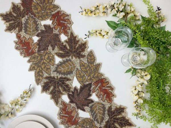 Table Linens | Fall Maple Leaf Beaded Table Runner Kitchen Table Linens