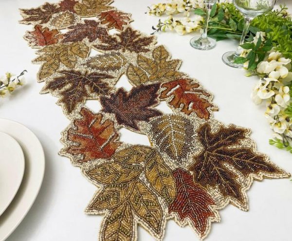 Table Linens | Fall Maple Leaf Beaded Table Runner Kitchen Table Linens