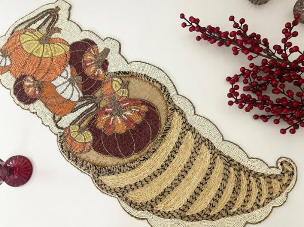 Table Linens | Fall Pumpkin Bead And Embroidery Table Runner Kitchen Table Linens