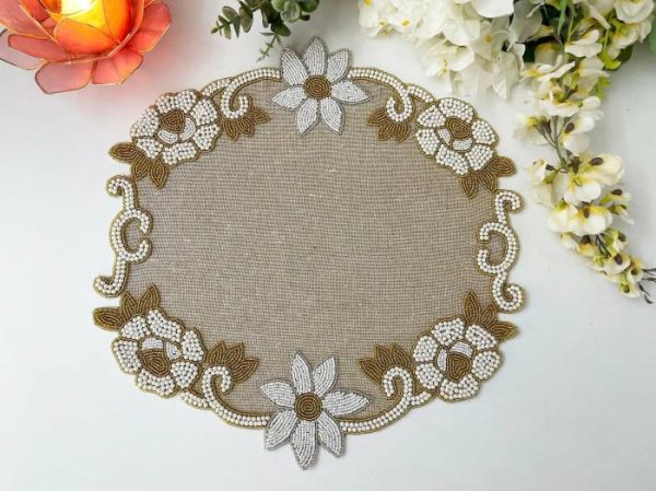 Table Linens | Floral Beaded Burlap Round Placemat Kitchen Table Linens