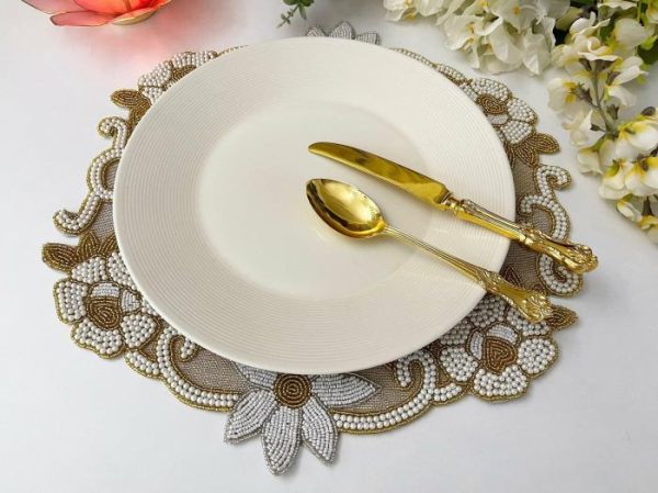 Table Linens | Floral Beaded Burlap Round Placemat Kitchen Table Linens