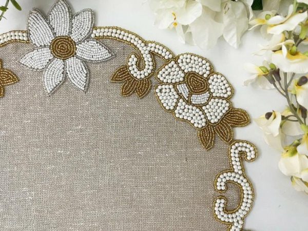 Table Linens | Floral Beaded Burlap Round Placemat Kitchen Table Linens