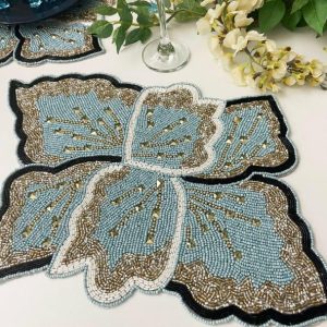 Table Linens | Floral Leaf Beaded Placemat – Blue And Gold – Set Of 2 Kitchen Table Linens