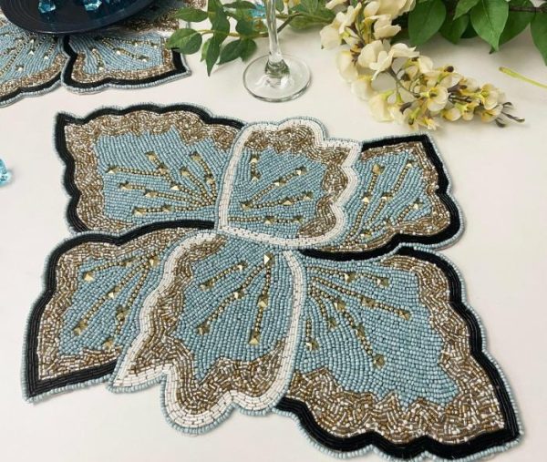 Table Linens | Floral Leaf Beaded Placemat – Blue And Gold – Set Of 2 Kitchen Table Linens