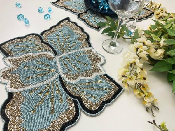 Table Linens | Floral Leaf Beaded Placemat – Blue And Gold – Set Of 2 Kitchen Table Linens