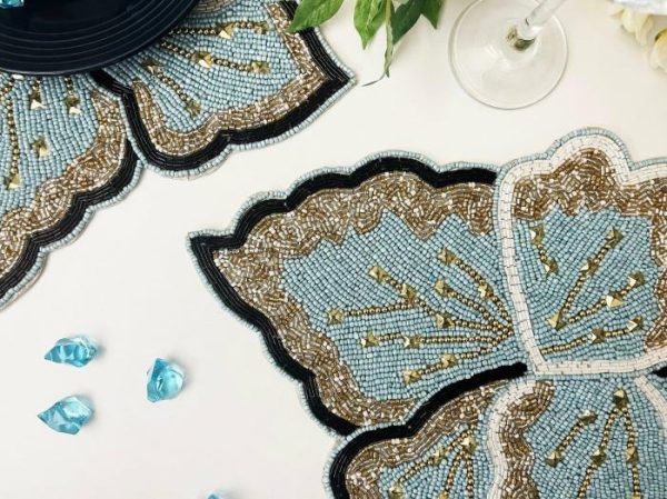 Table Linens | Floral Leaf Beaded Placemat – Blue And Gold – Set Of 2 Kitchen Table Linens