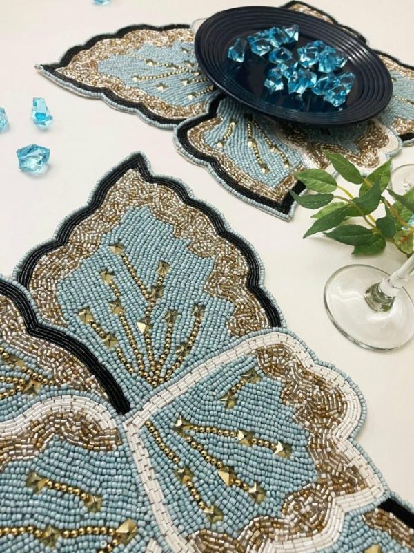 Table Linens | Floral Leaf Beaded Placemat – Blue And Gold – Set Of 2 Kitchen Table Linens