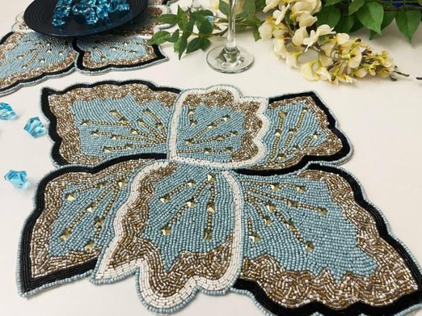 Table Linens | Floral Leaf Beaded Placemat – Blue And Gold – Set Of 2 Kitchen Table Linens