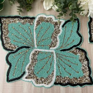 Table Linens | Floral Leaf Beaded Placemat – Green And Gold Kitchen Table Linens