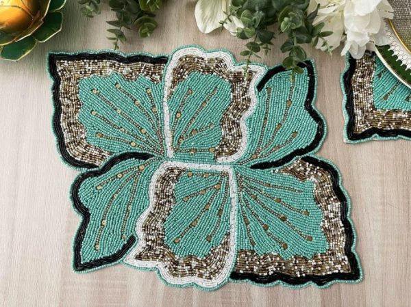 Table Linens | Floral Leaf Beaded Placemat – Green And Gold Kitchen Table Linens