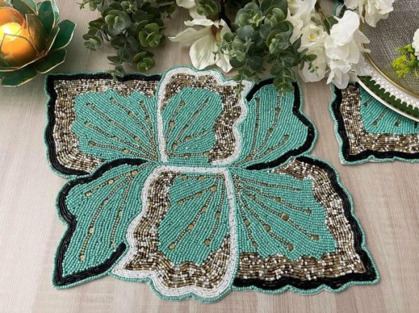 Table Linens | Floral Leaf Beaded Placemat – Green And Gold Kitchen Table Linens