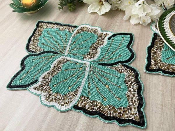 Table Linens | Floral Leaf Beaded Placemat – Green And Gold Kitchen Table Linens