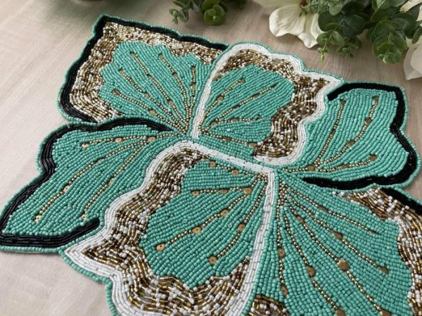 Table Linens | Floral Leaf Beaded Placemat – Green And Gold Kitchen Table Linens