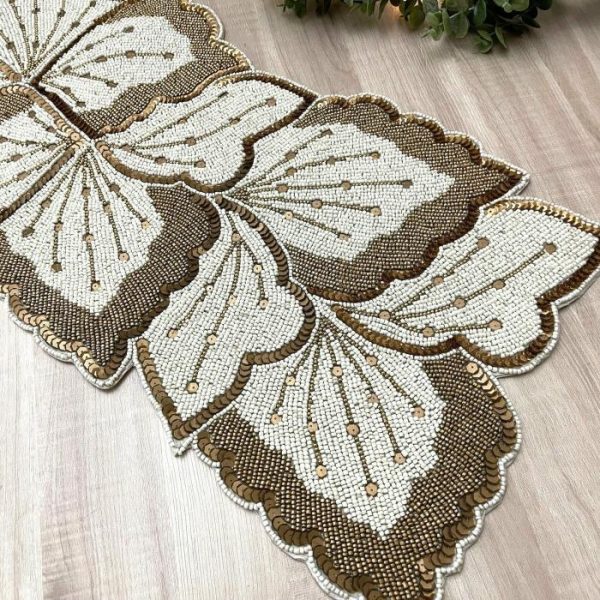 Table Linens | Floral Leaf Beaded Table Runner – Cream And Gold Kitchen Table Linens