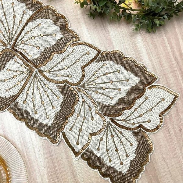 Table Linens | Floral Leaf Beaded Table Runner – Cream And Gold Kitchen Table Linens