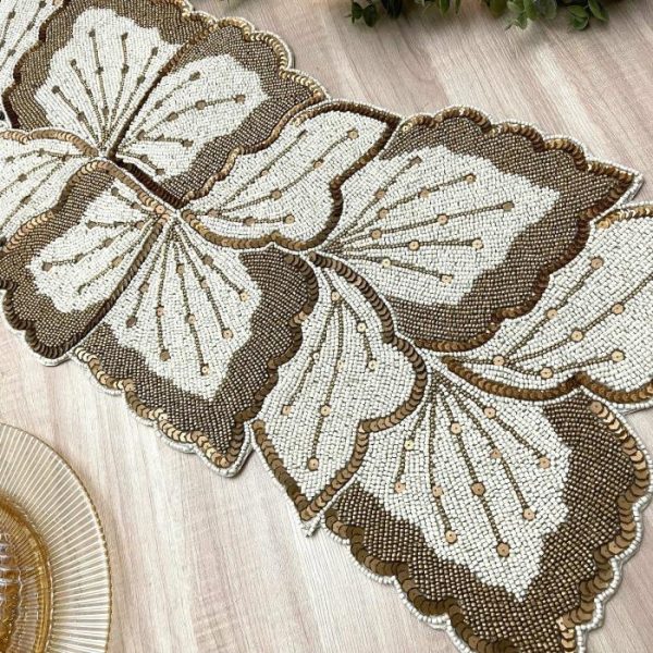 Table Linens | Floral Leaf Beaded Table Runner – Cream And Gold Kitchen Table Linens