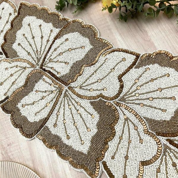 Table Linens | Floral Leaf Beaded Table Runner – Cream And Gold Kitchen Table Linens