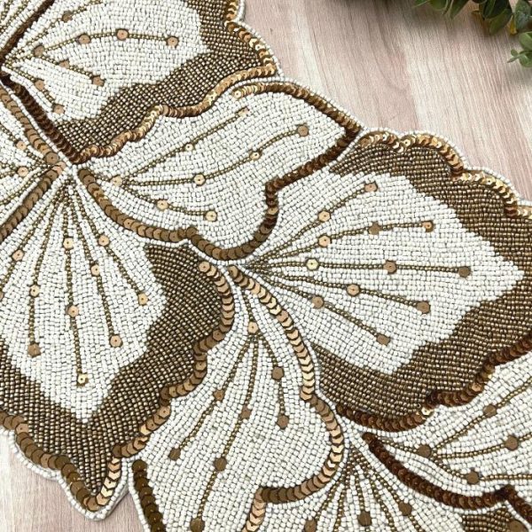 Table Linens | Floral Leaf Beaded Table Runner – Cream And Gold Kitchen Table Linens