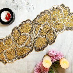 Table Linens | Floral Leaf Beaded Table Runner – Yellow And Gold Kitchen Table Linens