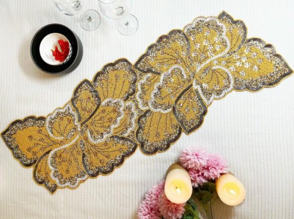 Table Linens | Floral Leaf Beaded Table Runner – Yellow And Gold Kitchen Table Linens