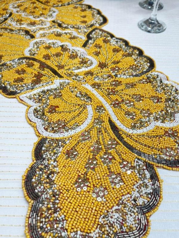 Table Linens | Floral Leaf Beaded Table Runner – Yellow And Gold Kitchen Table Linens