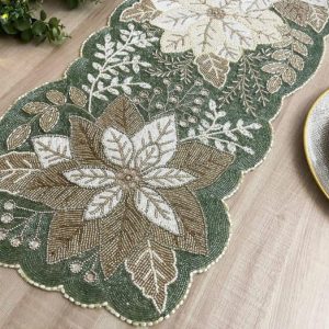 Table Linens | Floral Leafy Beaded Table Runner – Poinsettia Kitchen Table Linens