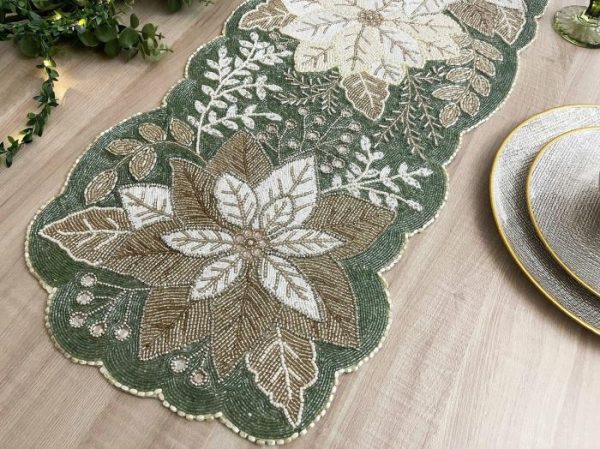 Table Linens | Floral Leafy Beaded Table Runner – Poinsettia Kitchen Table Linens