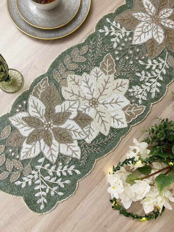 Table Linens | Floral Leafy Beaded Table Runner – Poinsettia Kitchen Table Linens