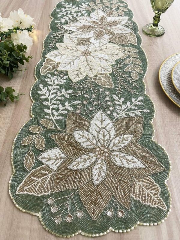 Table Linens | Floral Leafy Beaded Table Runner – Poinsettia Kitchen Table Linens