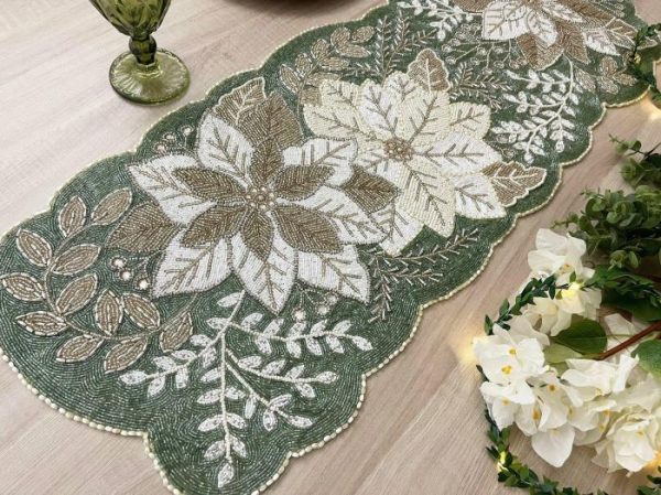 Table Linens | Floral Leafy Beaded Table Runner – Poinsettia Kitchen Table Linens