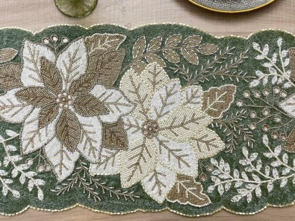 Table Linens | Floral Leafy Beaded Table Runner – Poinsettia Kitchen Table Linens