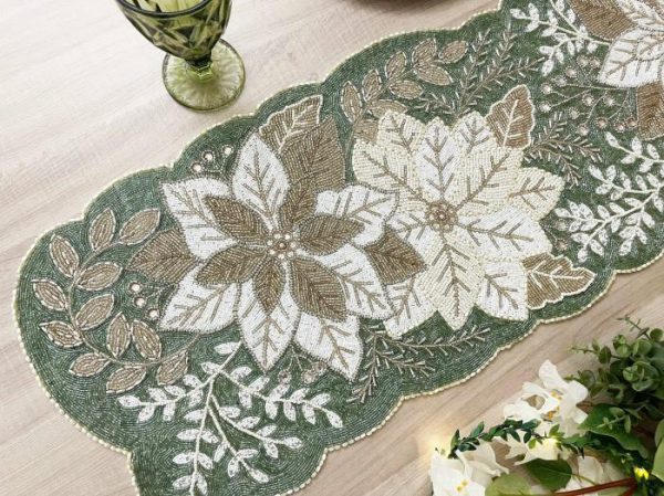 Table Linens | Floral Leafy Beaded Table Runner – Poinsettia Kitchen Table Linens