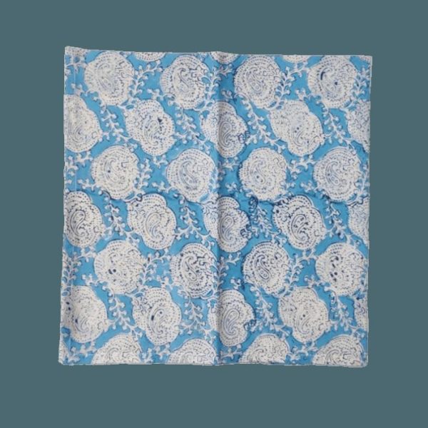 Table Linens | Floral White And Sky Blue Block Print Cotton Napkins Kitchen Table Linens