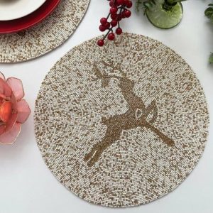 Table Linens | Golden Reindeer Beaded Round Placemats – Set Of 6 Kitchen Table Linens