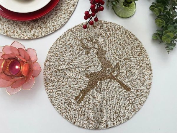 Table Linens | Golden Reindeer Beaded Round Placemats – Set Of 6 Kitchen Table Linens