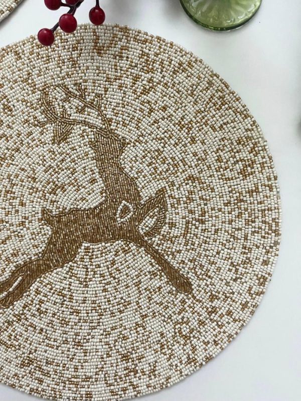 Table Linens | Golden Reindeer Beaded Round Placemats – Set Of 6 Kitchen Table Linens