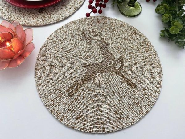 Table Linens | Golden Reindeer Beaded Round Placemats – Set Of 6 Kitchen Table Linens