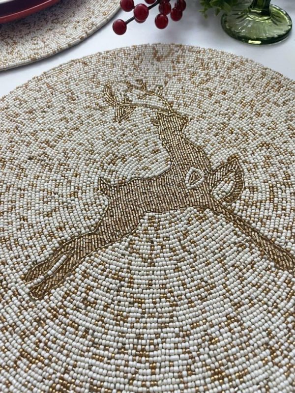 Table Linens | Golden Reindeer Beaded Round Placemats – Set Of 6 Kitchen Table Linens