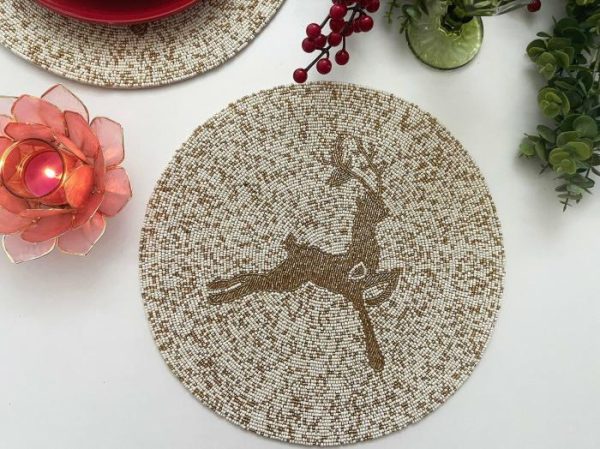 Table Linens | Golden Reindeer Beaded Round Placemats – Set Of 6 Kitchen Table Linens