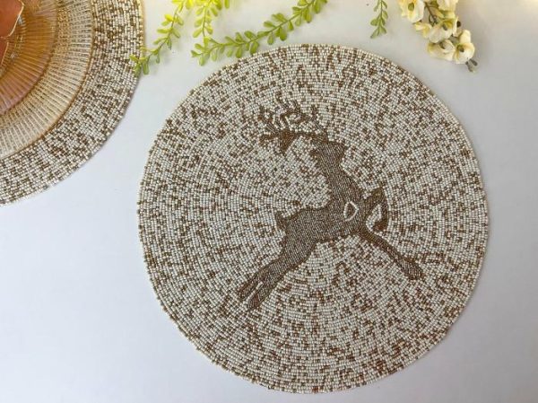 Table Linens | Golden Reindeer Beaded Round Placemats – Set Of 6 Kitchen Table Linens