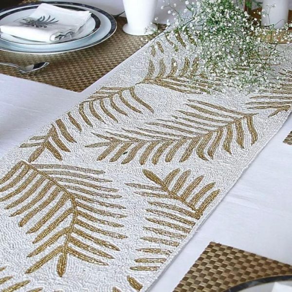 Table Linens | Golden Tropical Leaves Beaded Table Runner Kitchen Table Linens